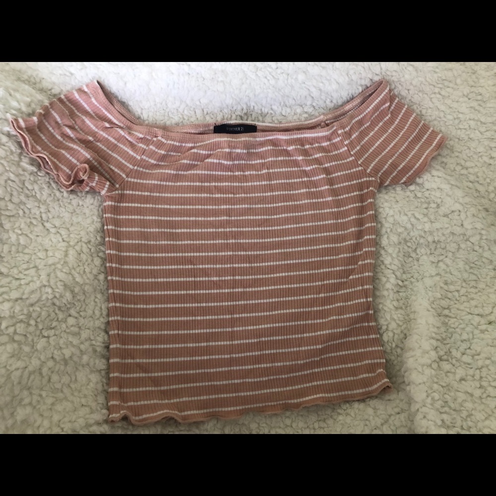 PINK WHITE STRIPED RIBBED RUFFLE TOP - Picture 2 of 2